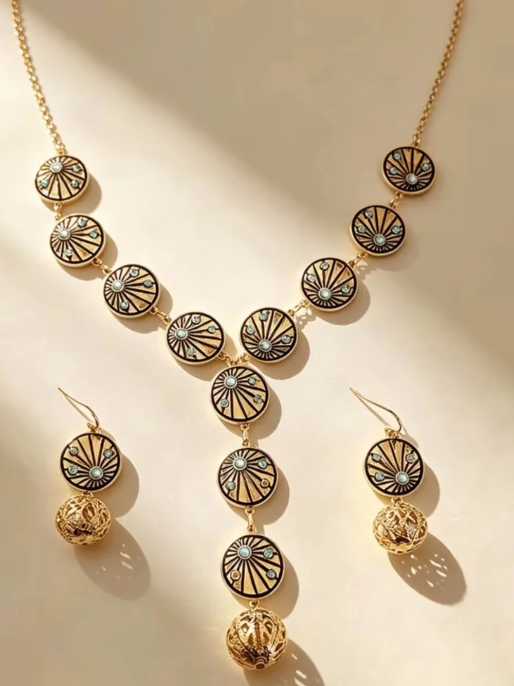 Western Gold-Tone Turquoise Accent Medallion Necklace & Earring Set